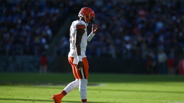 Nov 12, 2023; Baltimore, Maryland, USA; Cleveland Browns quarterback Deshaun Watson (4) walks to the sidelines during the first half against the Baltimore Ravens at M&T Bank Stadium.